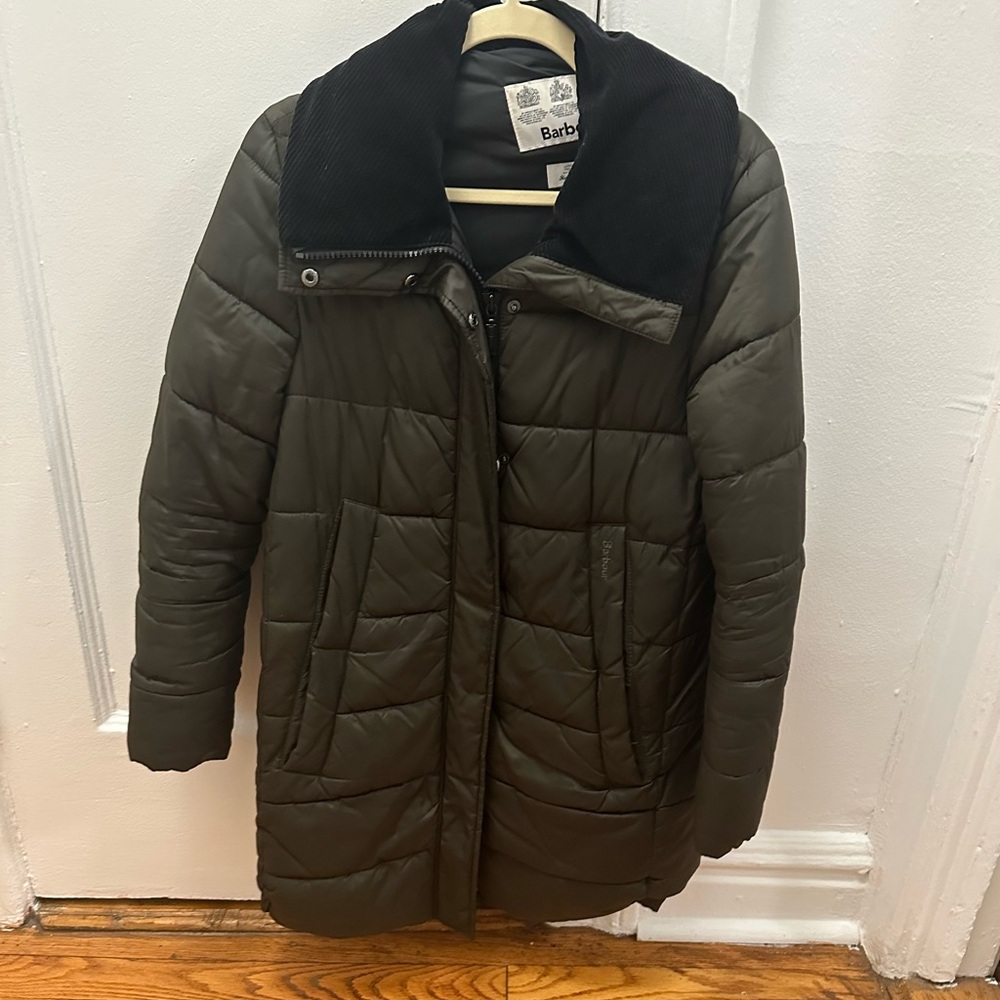 Barbour Olive Quilted Jacket with Black Collar
